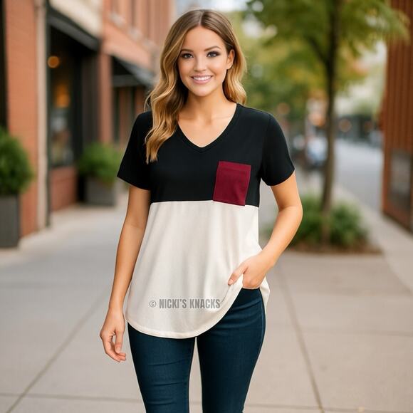 Market & Spruce Colorblock V-Neck Tee Contrast Pocket Stitch Fix Top Size M - Picture 1 of 8